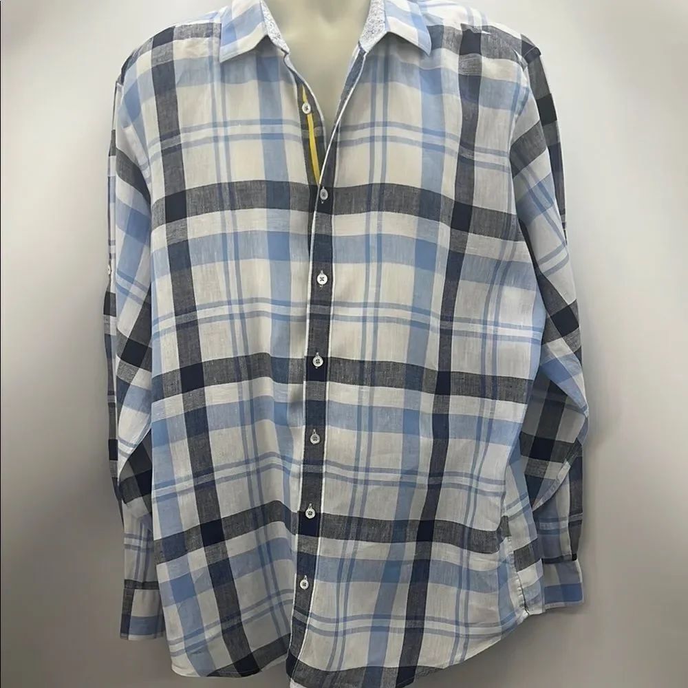 Bugatchi Linen Blend Plaid Blue and White Casual Button Down Shirt